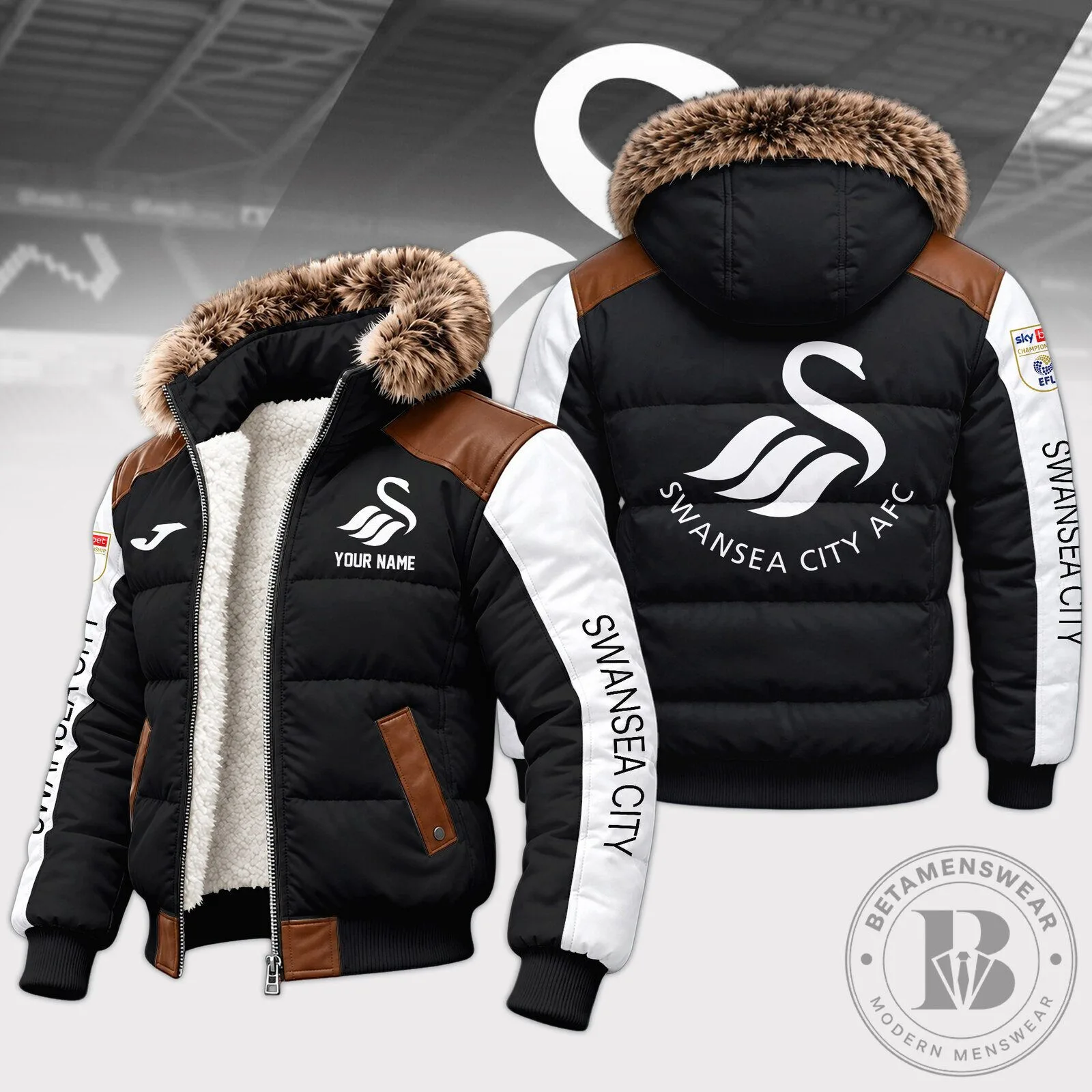 Swansea City AFC Football Club Winter Down Jacket with Fur Hood