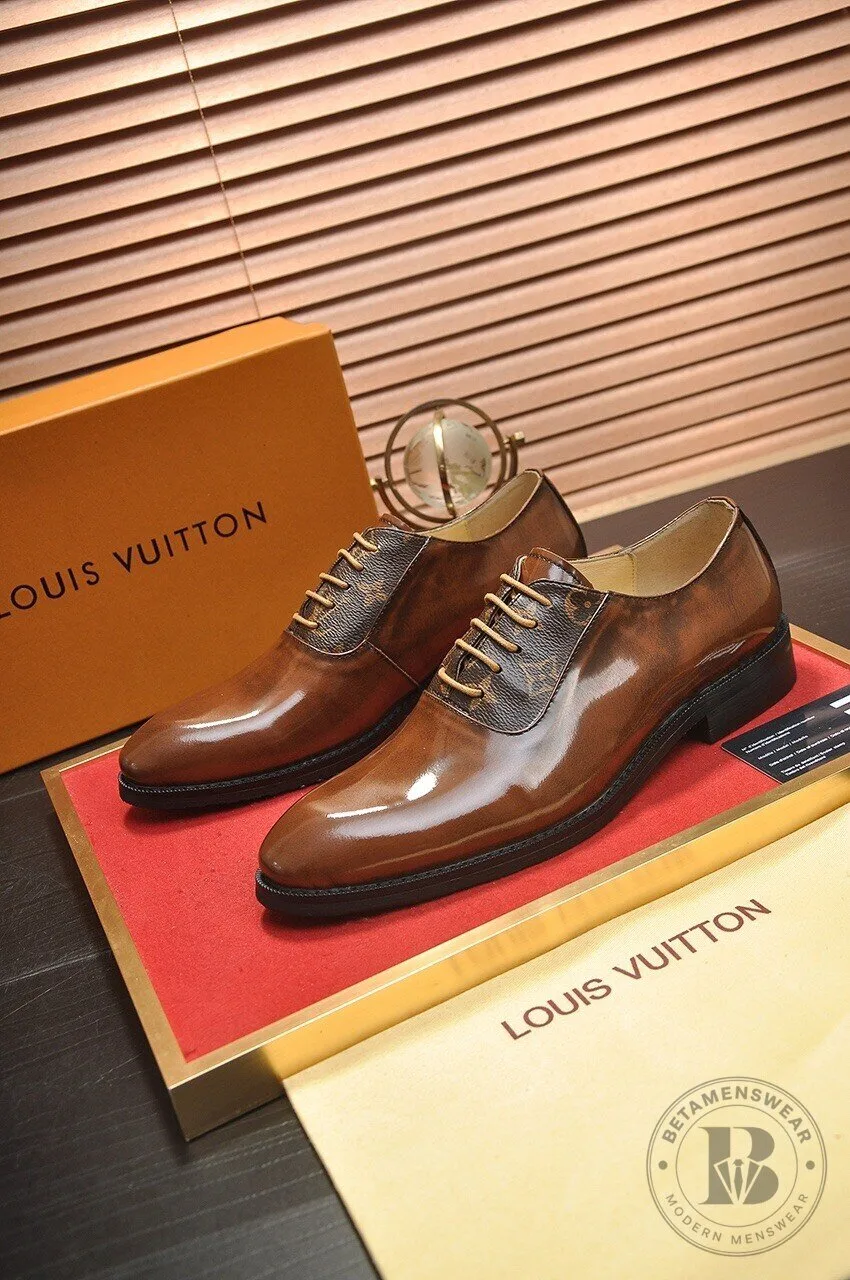 Men's Brown Leather Oxford Dress Shoes by Louis Vuitton with Monogram Design 1 Men's Brown Leather Oxford Dress Shoes by Louis Vuitton with Monogram Design