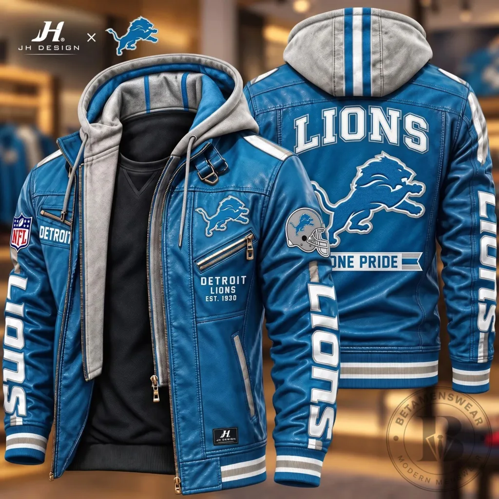 Detroit Lions NFL Football Team Blue Leather Jacket With Hoodie For Men Detroit Lions NFL Football Team Blue Leather Jacket With Hoodie For Men