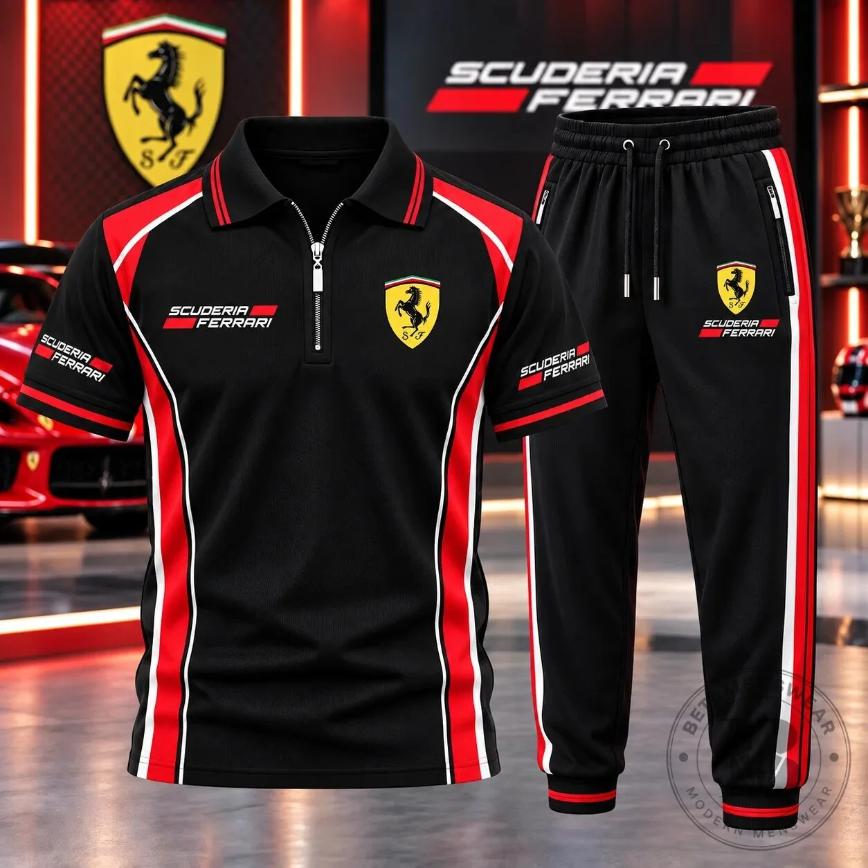 Scuderia Ferrari Racing Team Black Polo Shirt and Sweatpants Set