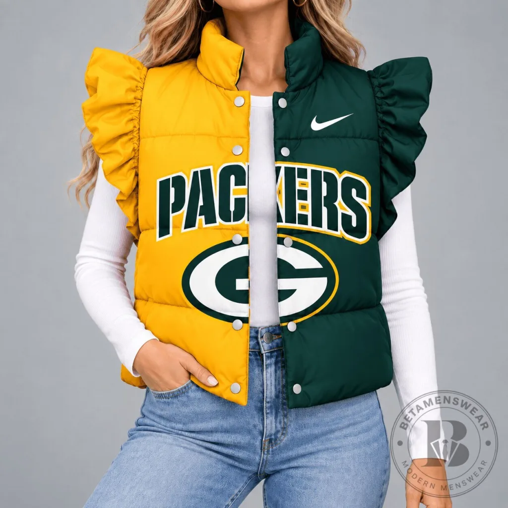 Green Bay Packers Split Color Ruffle Sleeve Puffer Vest Green Bay Packers Split Color Ruffle Sleeve Puffer Vest