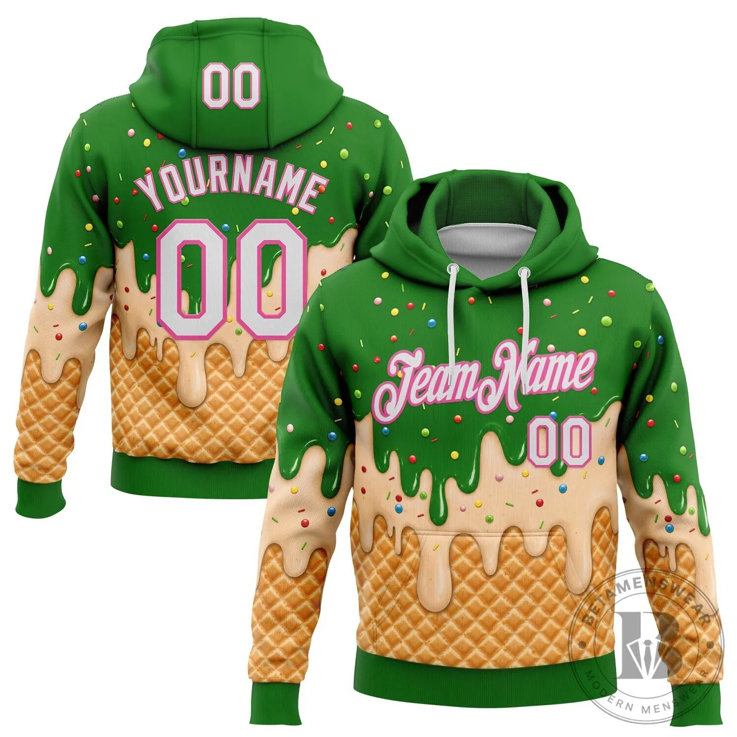 Ice Cream Waffle Cone Green Pink Sprinkles Custom Number Name Hoodie
