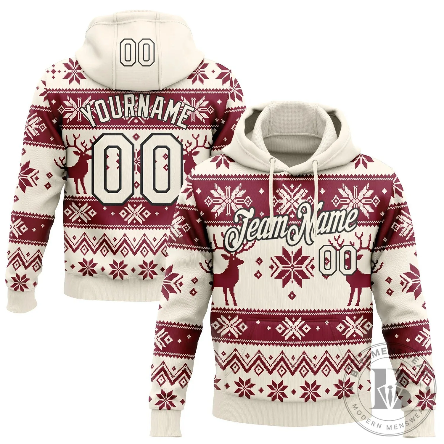 Custom Cream Black Christmas Retro Reindeer Pattern Pullover Hoodie Sweatshirt