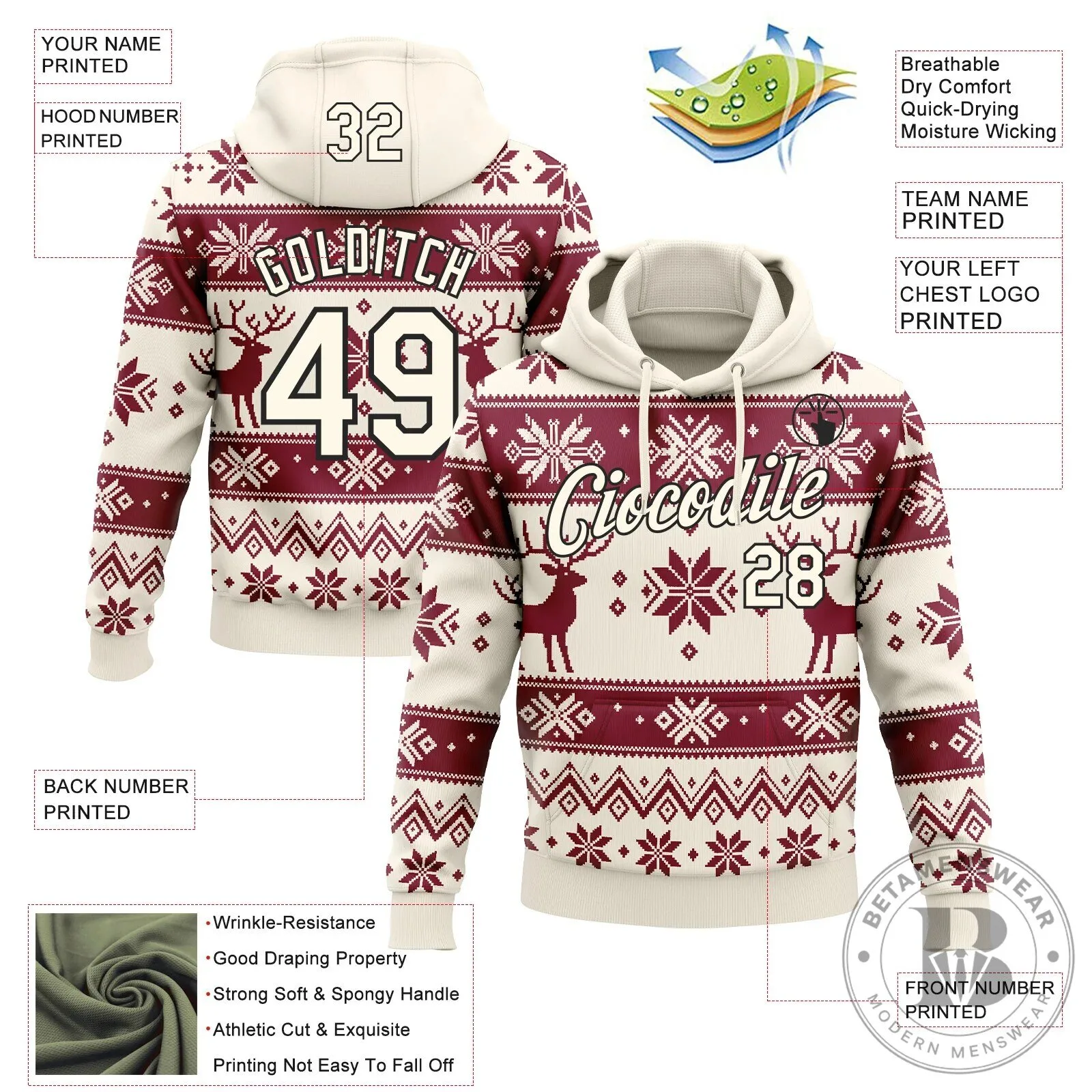 Custom Cream Black Christmas Retro Reindeer Pattern Pullover Hoodie Sweatshirt 11 Custom Cream Black Christmas Retro Reindeer Pattern Pullover Hoodie Sweatshirt
