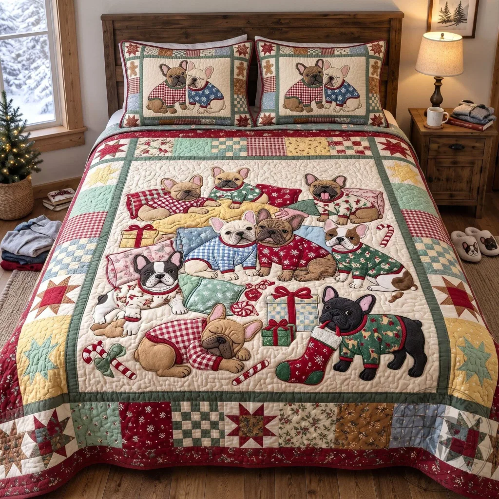 Christmas French Bulldog Puppy Dogs Holiday Patchwork Quilted Bedding Set Christmas French Bulldog Puppy Dogs Holiday Patchwork Quilted Bedding Set