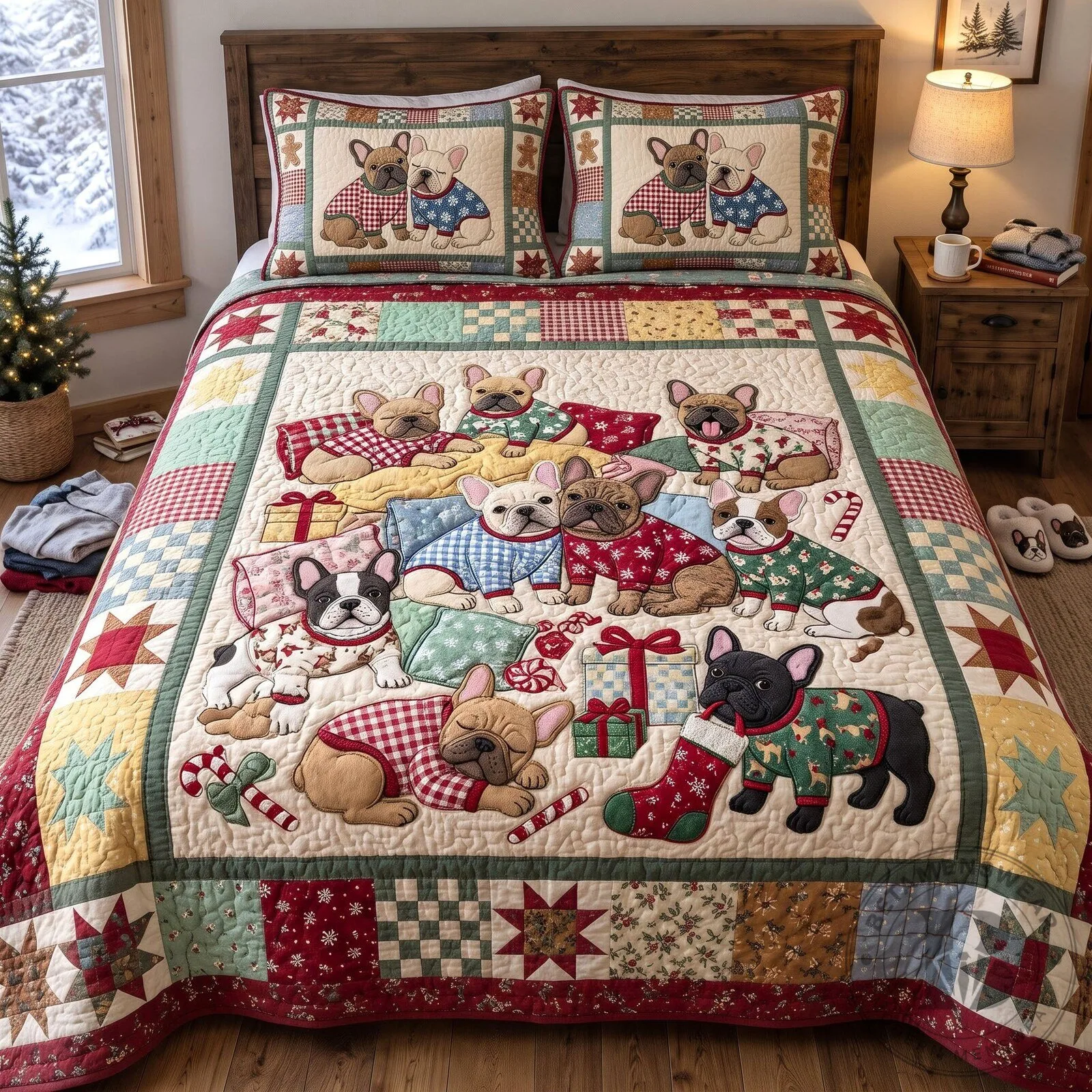 Christmas French Bulldog Puppy Dogs Holiday Patchwork Quilted Bedding Set