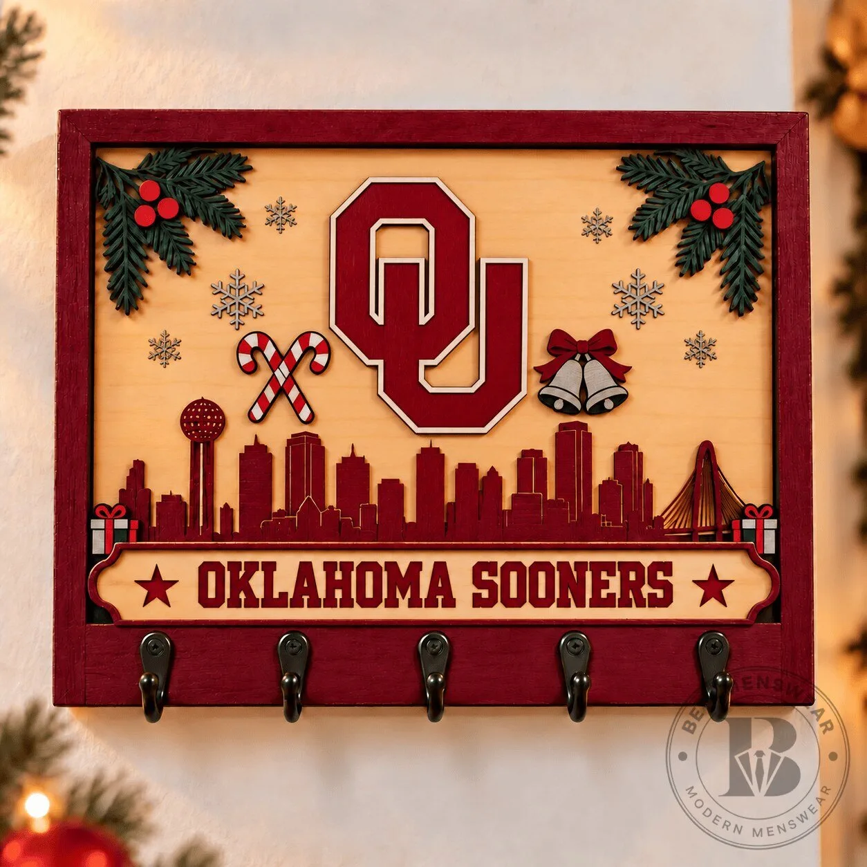 Oklahoma Sooners Christmas Wooden Key Rack with Skyline and OU Logo