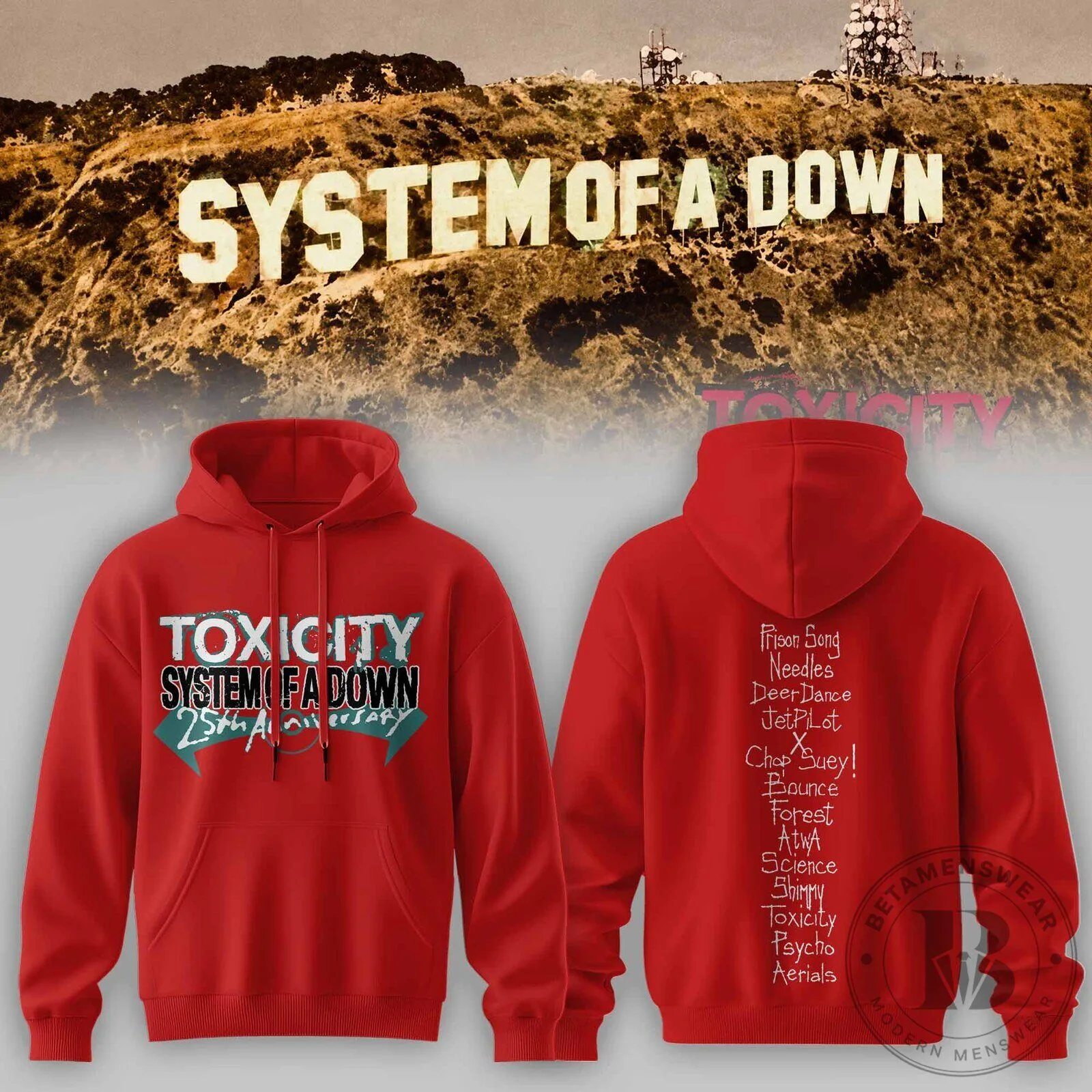 25th Anniversary Red Hoodie Featuring the Tracklist of System of a Down's Toxicity Album