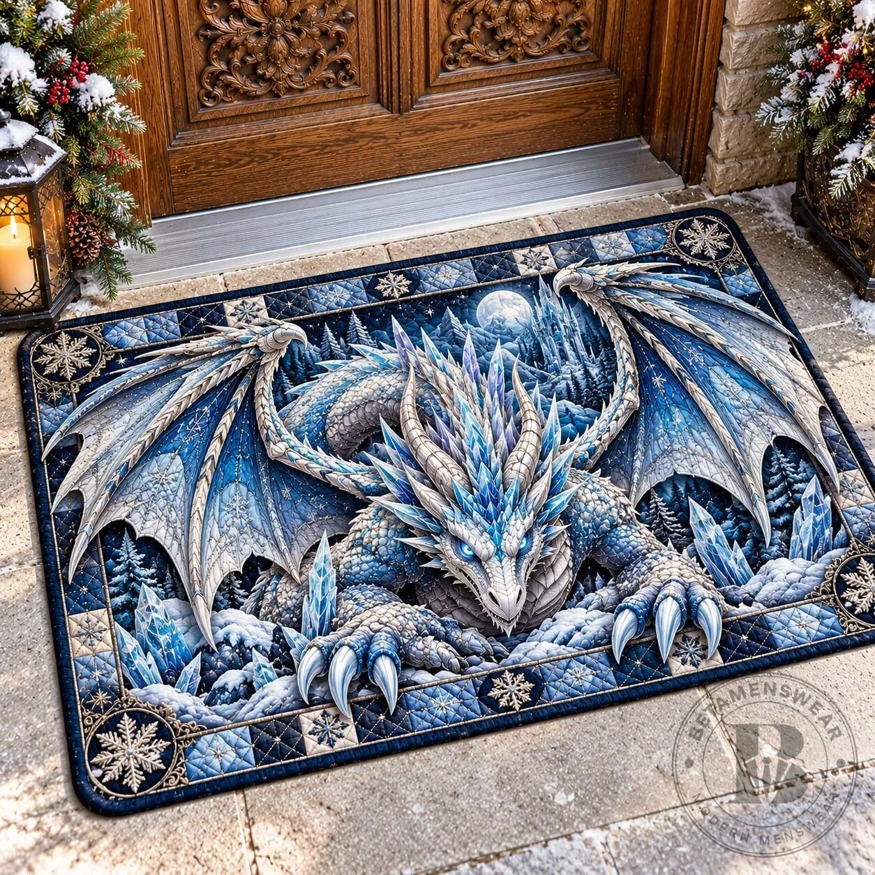 Frost Crystal Dragon Winter Wonderland Fantasy Art Doormat