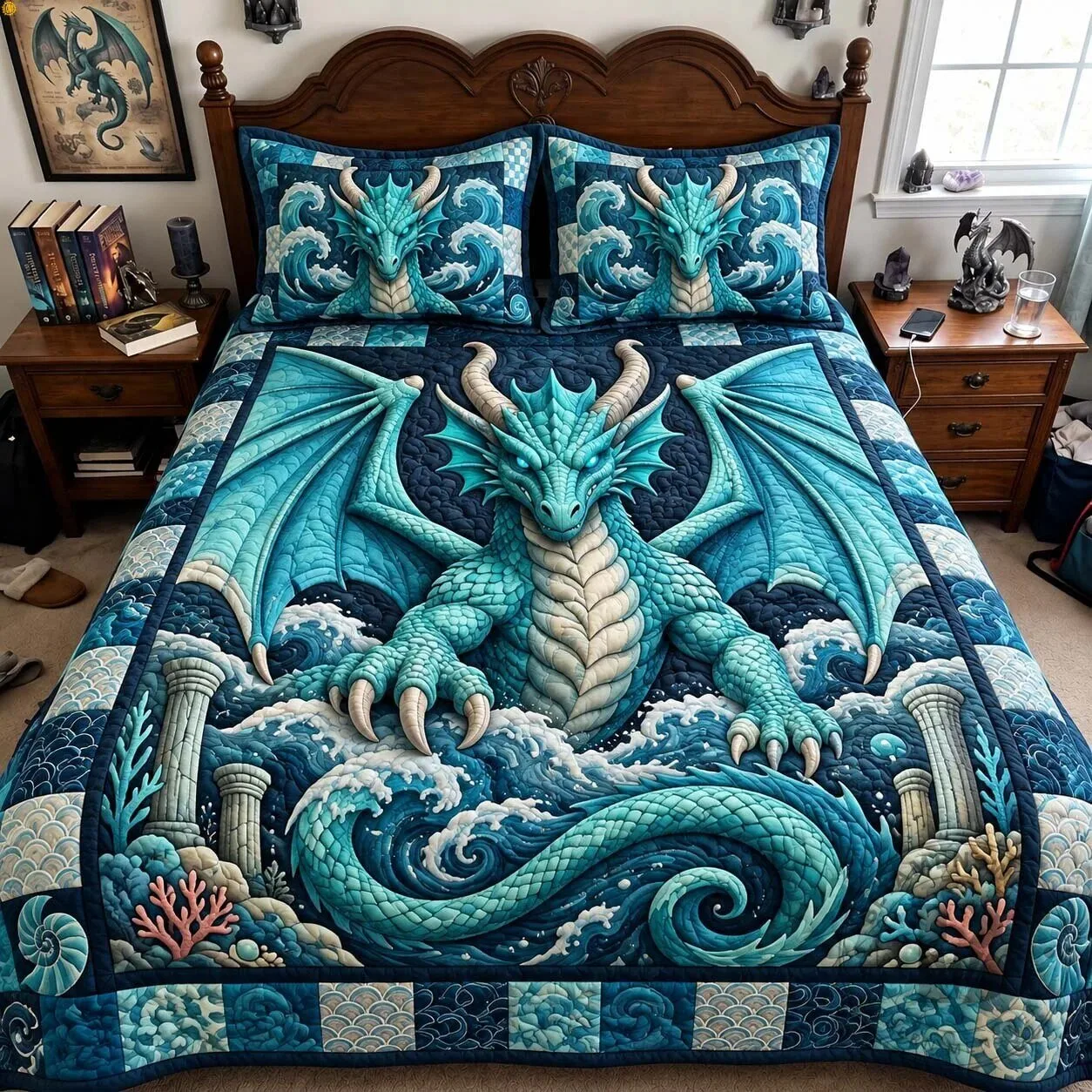 Tidal Dragon Guardian Mythical Creature Quilted Bedding Set