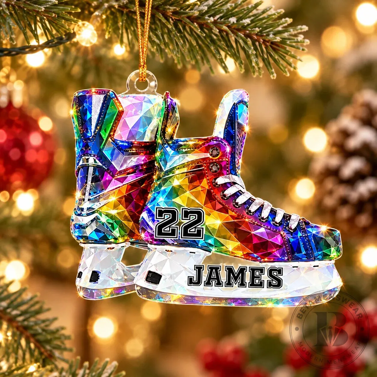 Personalized Ice Hockey Skates Christmas Tree Ornament with Custom Name and Number