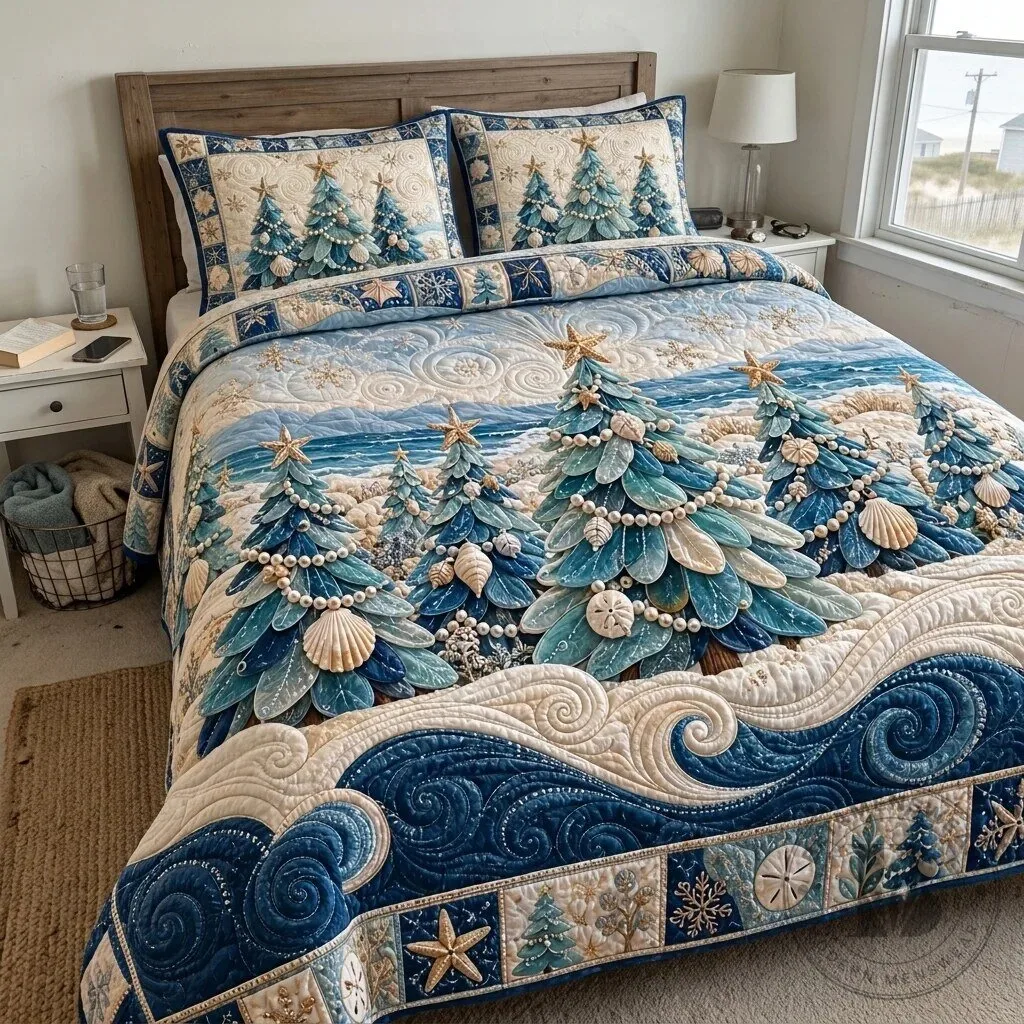 Coastal Christmas Tree Beach Scene Quilted Bedding Set 7 Coastal Christmas Tree Beach Scene Quilted Bedding Set