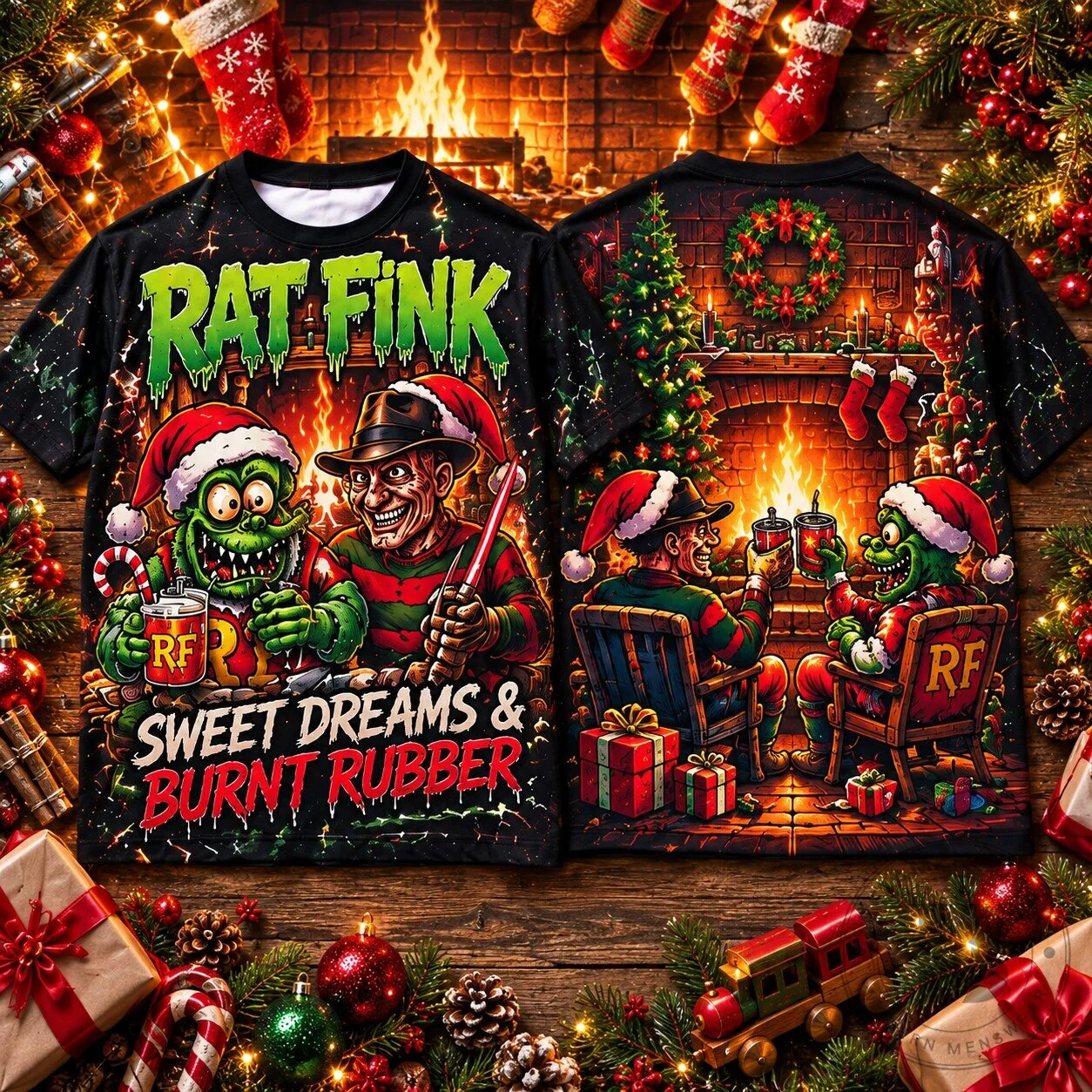 Rat Fink and Freddy Krueger Sweet Dreams Burnt Rubber Christmas T-Shirt