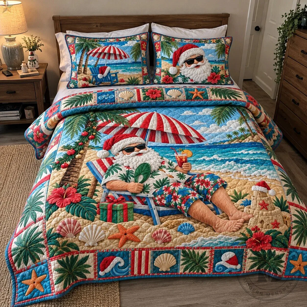 Santa Claus Tropical Beach Vacation Quilted Bedding Set with Pillow Shams