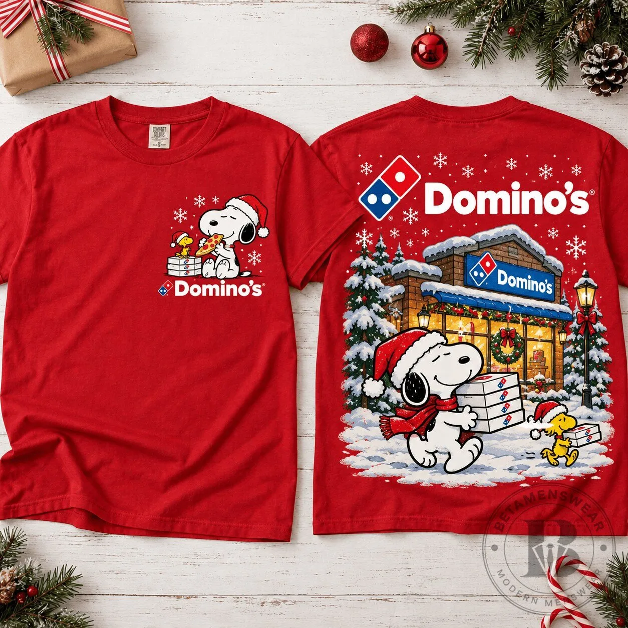 Snoopy Domino's Pizza Christmas Winter Scene Graphic T-Shirt