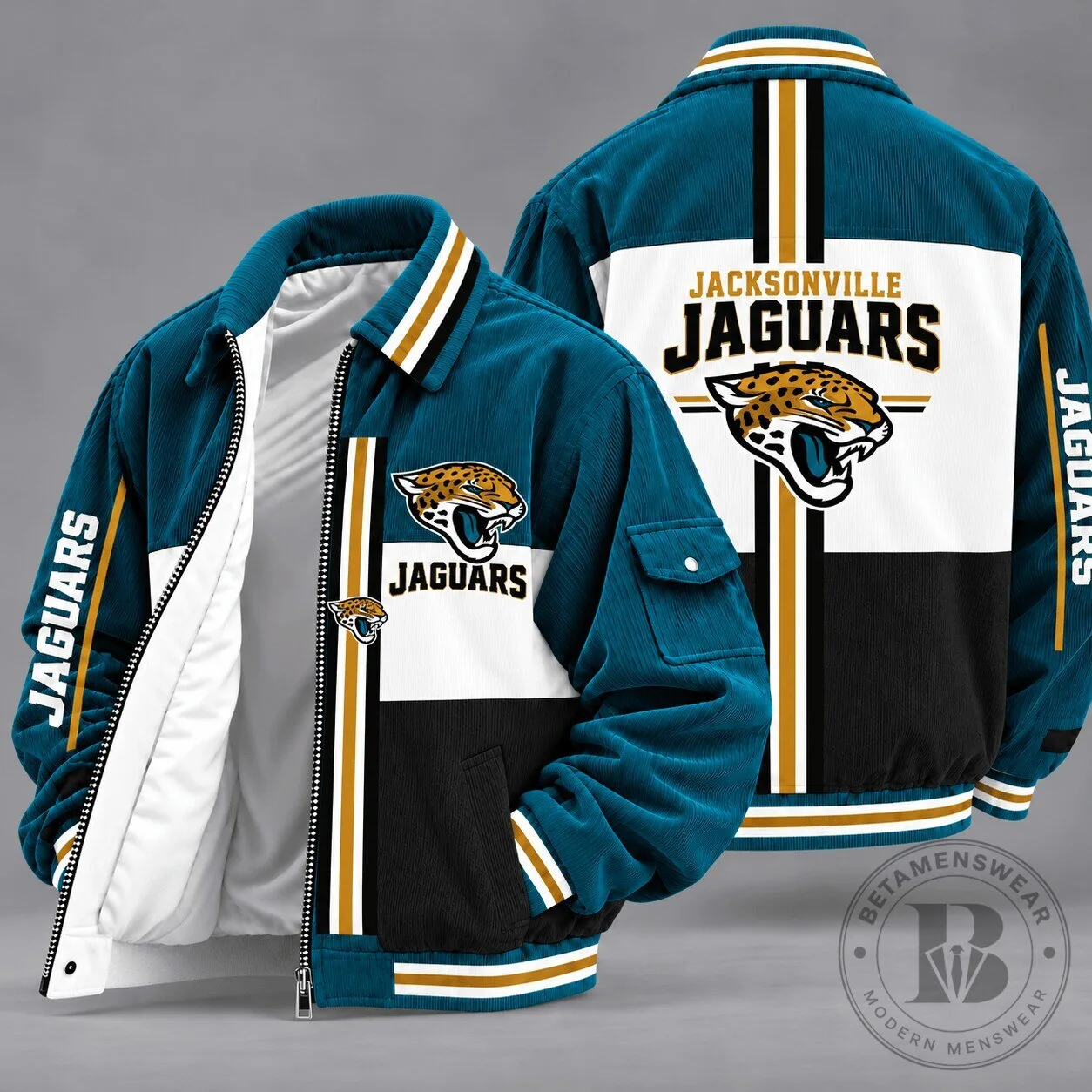 Jacksonville Jaguars Heritage Vertical Stripe Colorblock Classic Corduroy Jacket 1 Jacksonville Jaguars Heritage Vertical Stripe Colorblock Classic Corduroy Jacket