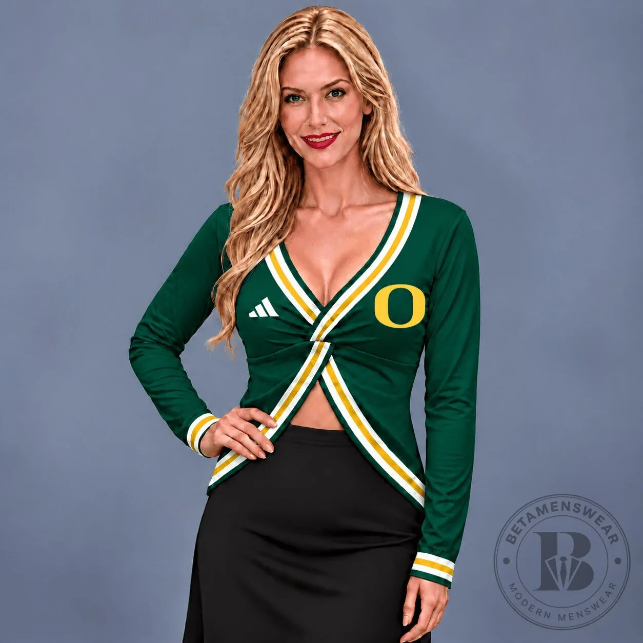 Oregon Ducks NCAA Deep V-Neck Wrap Top Long Sleeve Shirt for Women